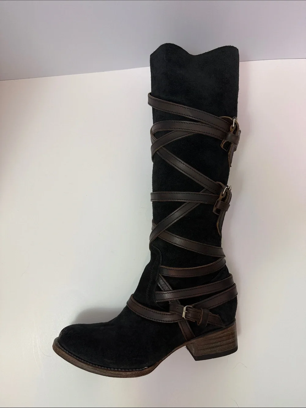 Freebird Women’s Black Garret Suede Tall Boots with Brown Straps‎ Size 7